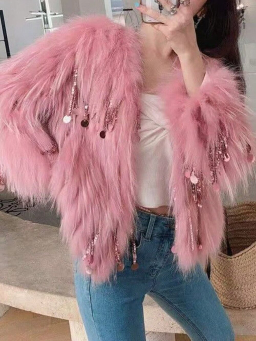 Baby Pink Casual Women's Loose Double-Breasted Hooded Coat